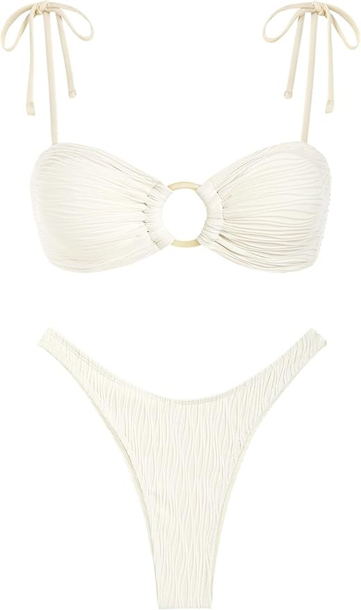 ZAFUL Women's Sexy Tie Spaghetti Strap Bikini Textured O Ring Ruched High Leg Swimsuit Cheeky Bat... | Amazon (US)