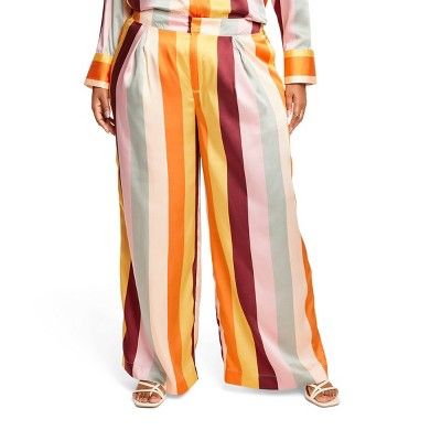 Women's Mixed Vertical Stripe Print Wide Leg Pants - Fe Noel x Target Orange/Brown/Peach | Target