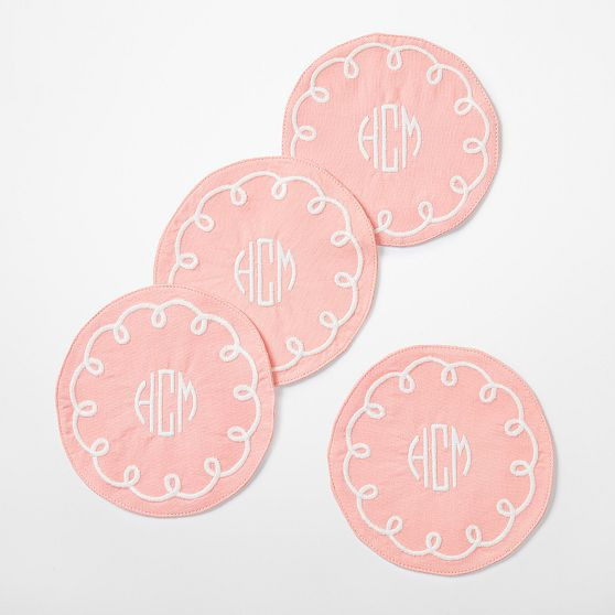 Embroidered Loop Coaster, Set of 4, Pink-White | Mark and Graham