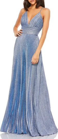 Shimmer Pleated Plunge Neck Criss Cross Back Gown | Nordstrom