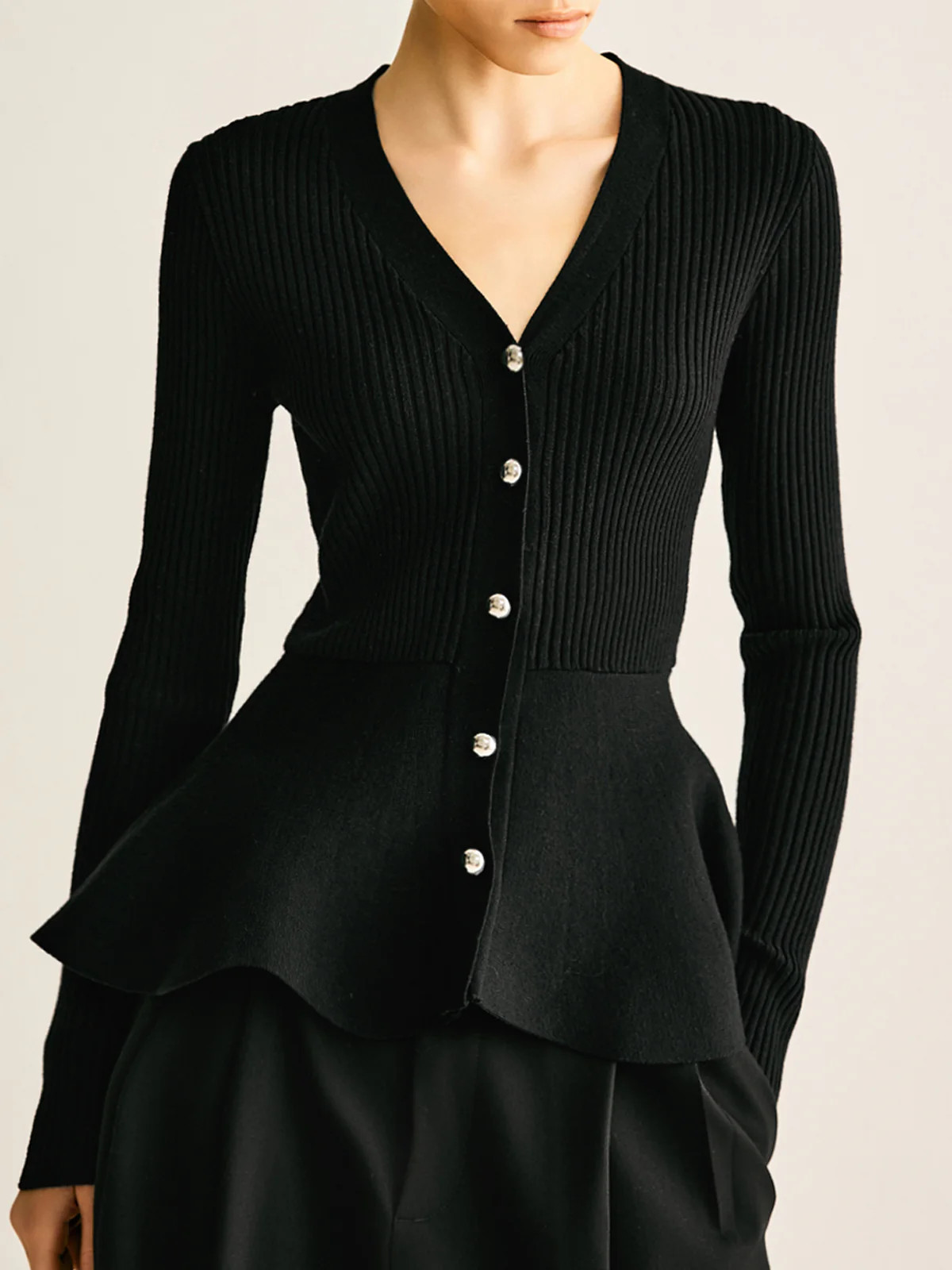 Oversized Ribbed Panel Bud Waist Button Knit Top | Commense