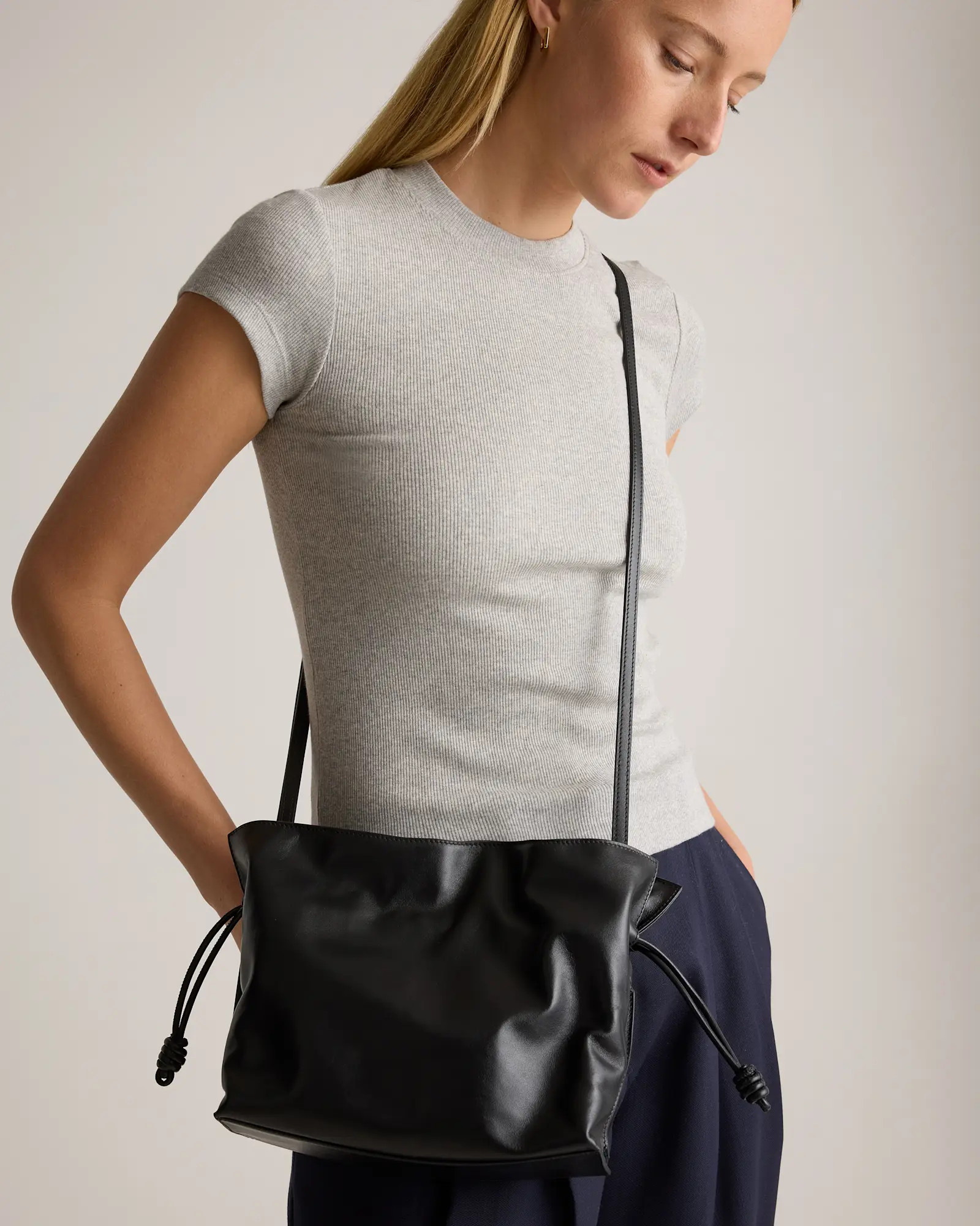 Italian Leather Drawstring Pouch Crossbody in Black | Quince