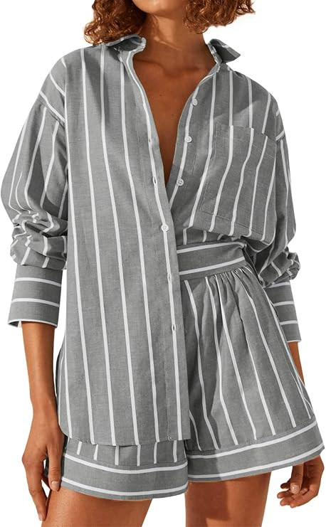Tankaneo Womens 2 Piece Outfits Striped Set Matching Sets Women Clothing | Long Sleeve, Button Do... | Amazon (US)