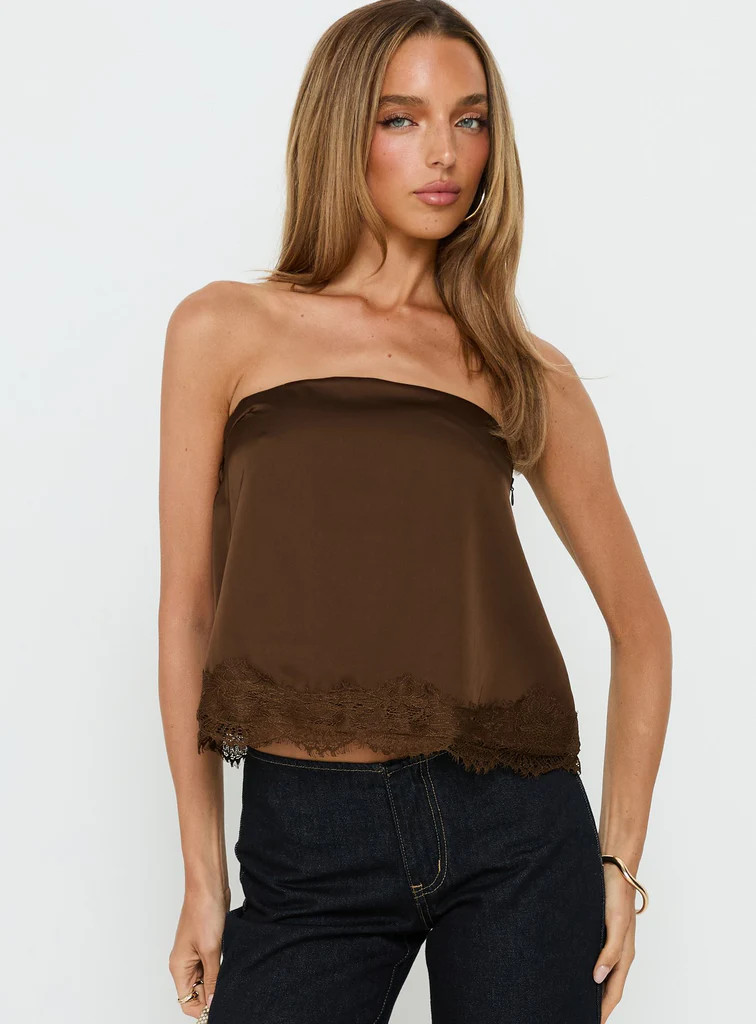 Sheyla Strapless Satin Lace Trim Top Chocolate | Princess Polly US
