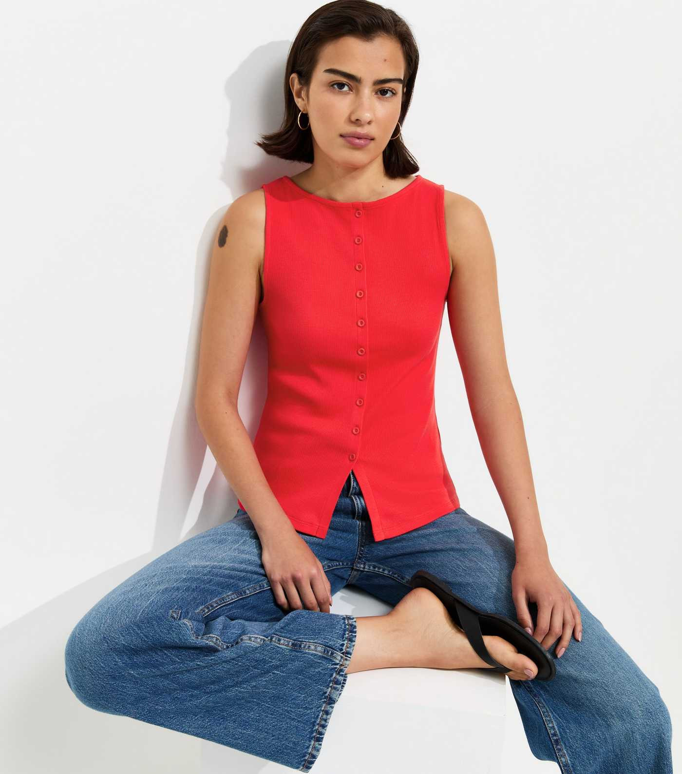 Bright Red Cotton Rich Button Through Tank Top | New Look | New Look (UK)