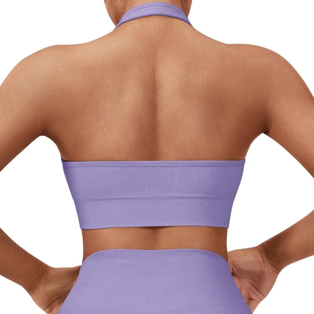 SUUKSESS Women Seamless Halter Sports Bra Open Back Padded Workout Crop Tank Tops | Amazon (US)