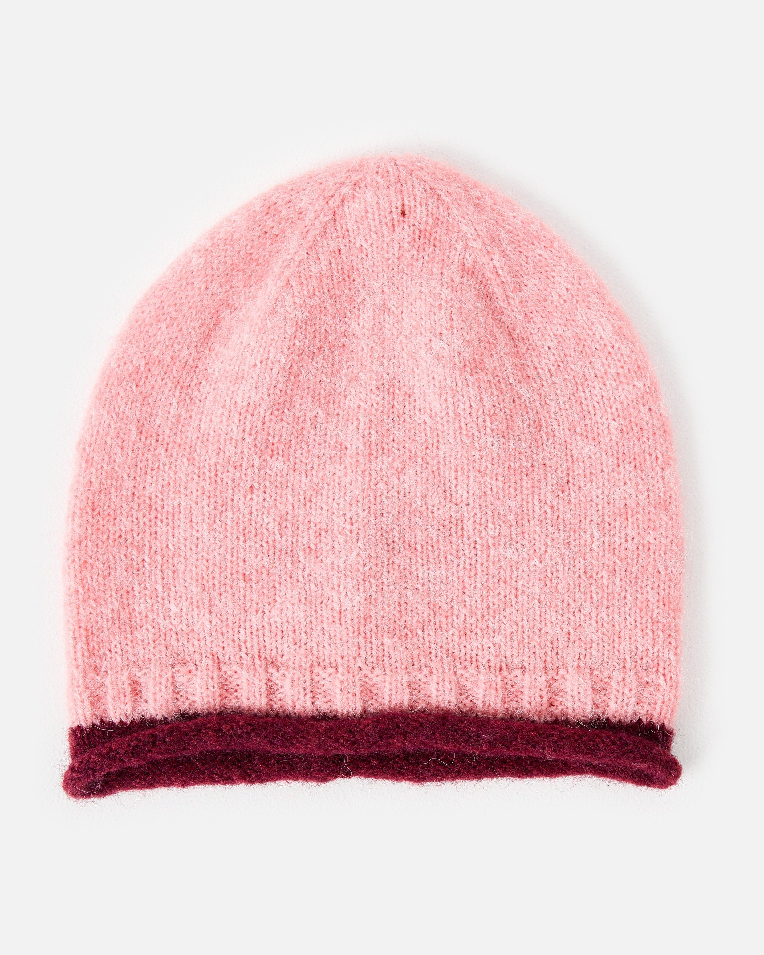 Pink & Burgundy Trim Knitted Beanie Hat | Oliver Bonas (Global)
