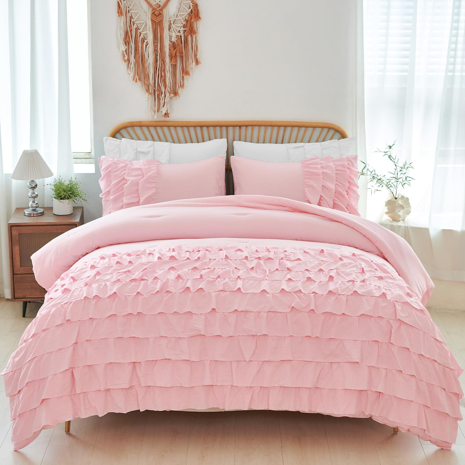 PERFEMET Pink Ruffled Comforter Set Full Multi-Layers Ruffle Bedding for Girls Princess Bedding S... | Amazon (US)