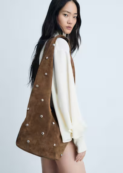 Split leather bag with studs tobacco brown - Woman - One size - MANGO | MANGO (UK)