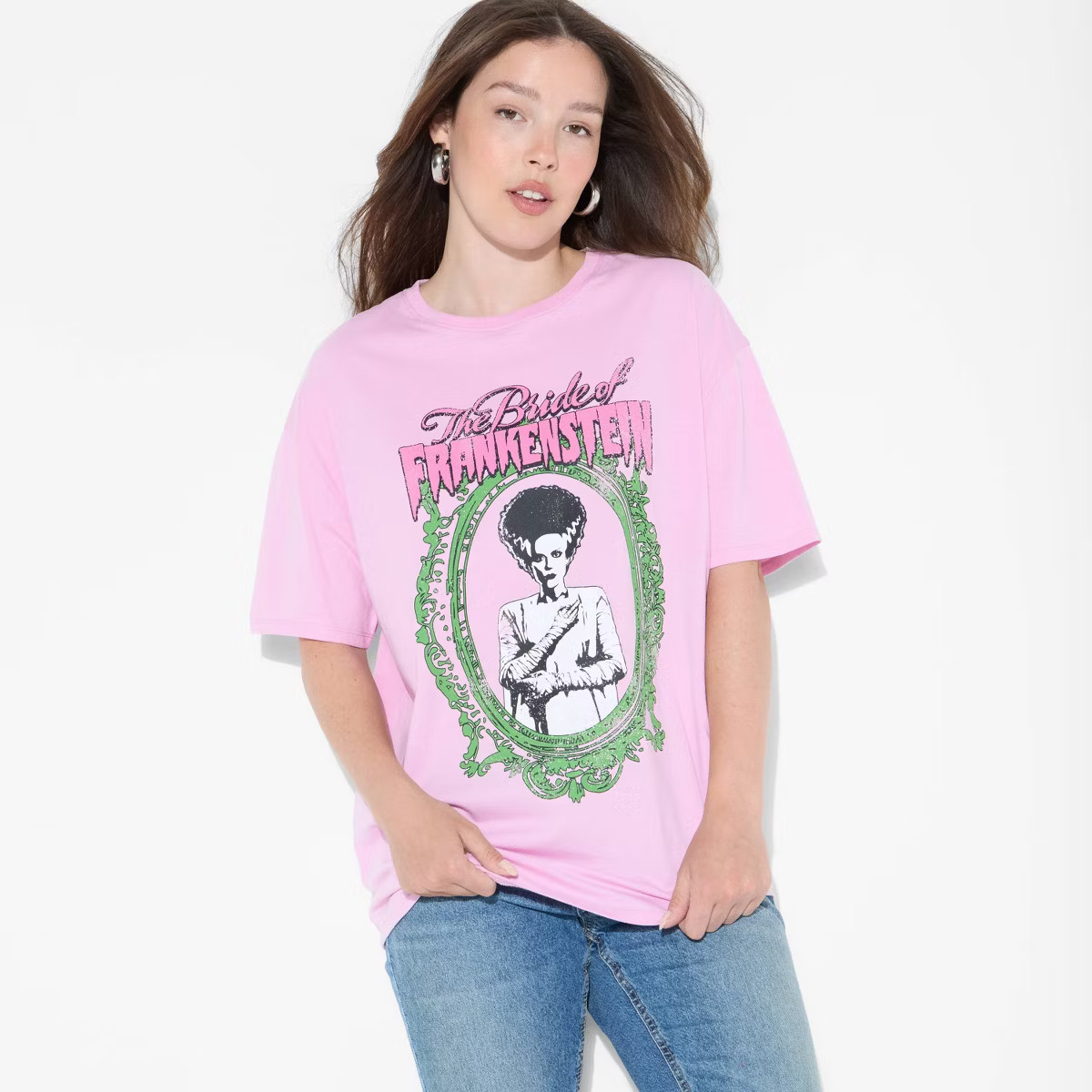 Women's Bride of Frankenstien Oversized Short Sleeve Graphic T-Shirt - Pink | Target