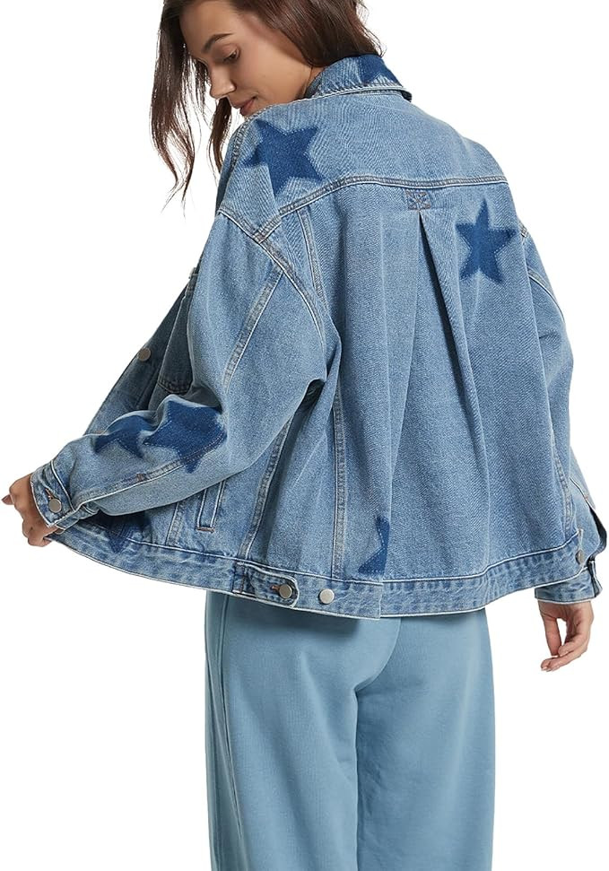 D-Sun Women Casual Denim Jacket Oversized Leopard Stars Printed Boyfriend Vintage Jean Jacket Coa... | Amazon (US)