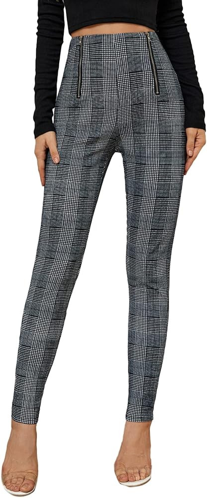 DIDK Women's High Waisted Plaid Slim Fit Leg Skinny Zip Up Long Pants | Amazon (US)