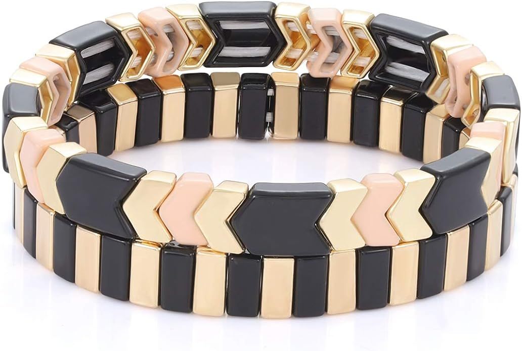 Tile Enamel Bracelet Set Tila Chevron Arrow Rectangle Elastic Stretchy Beaded Bracelet Colorblock... | Amazon (US)