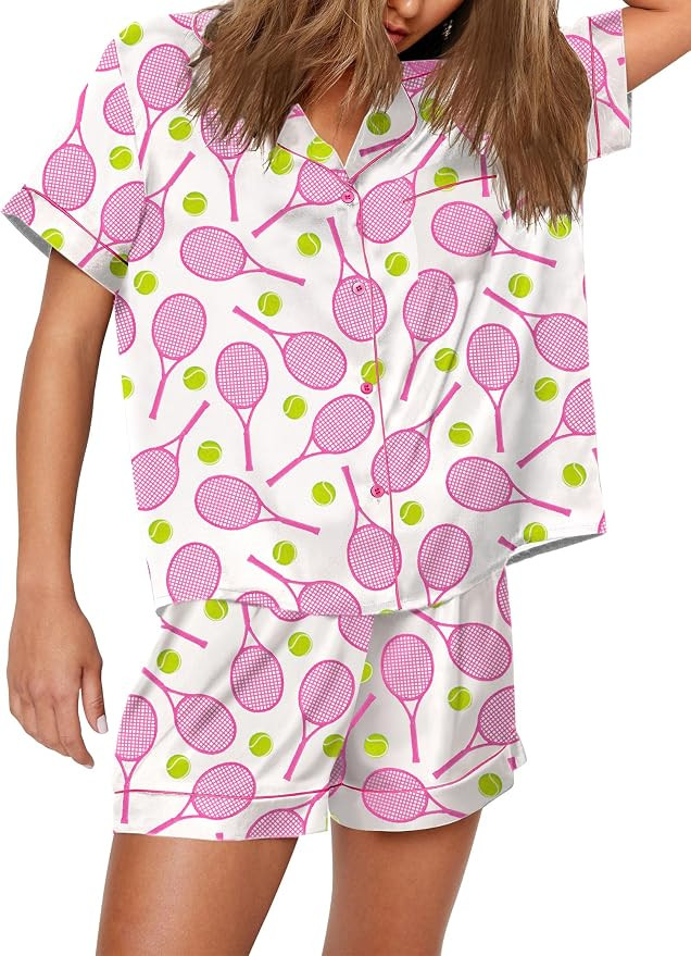 SHESHOW Pajamas for Women Set Satin Button Down Short Sleeve Top and Shorts Pjs Sets Sport Ball P... | Amazon (US)