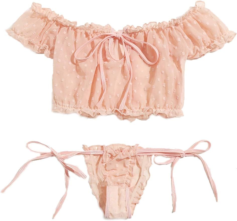 SheIn Women's Self Tie Ruffle Trim Dobby Mesh Lingerie Set Sexy Bra and Panty | Amazon (US)