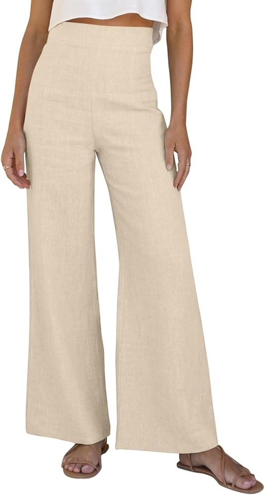 Women Linen Wide Leg Pants Summer High Waist Loose Palazzo Pants Flowy Lounge Trousers Beach Trav... | Amazon (US)