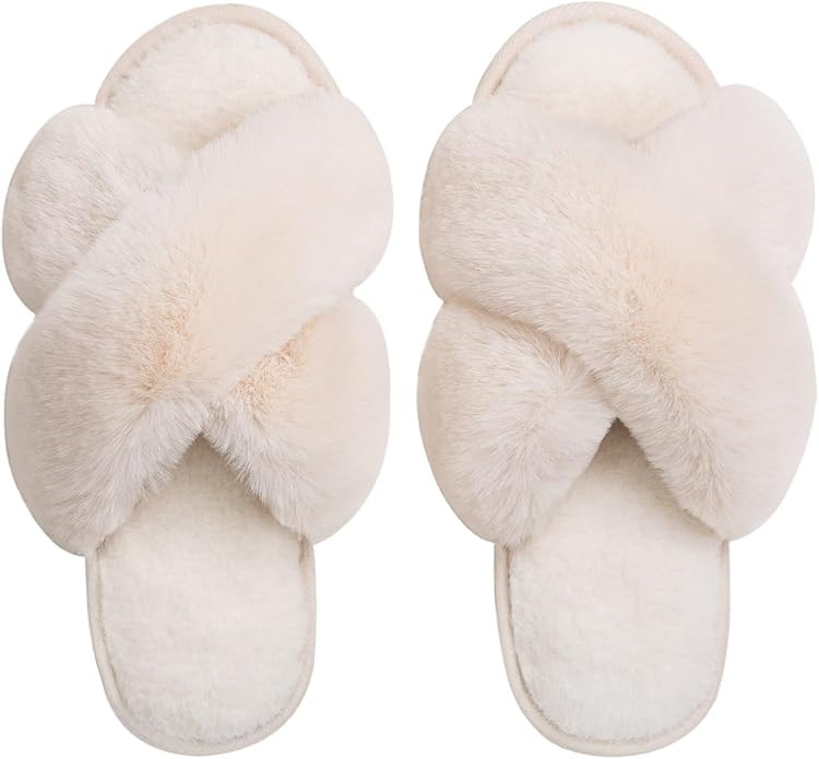 Zizor Women's Open Toe Fluffy Slippers with Memory Foam, Ladies' Cross Band House Shoes, Faux Fur... | Amazon (US)