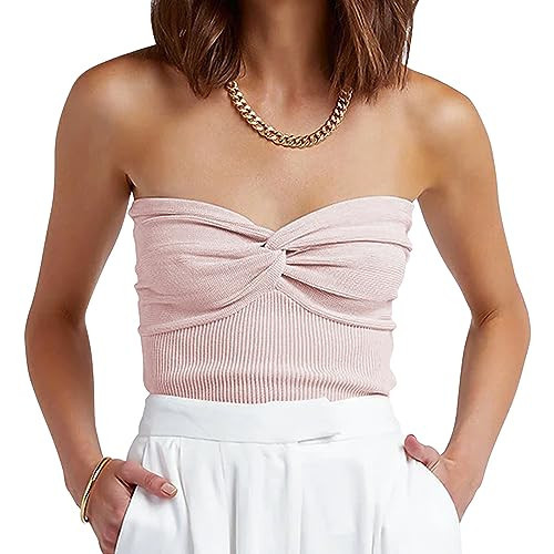 ANRABESS Tube Top for Women Summer Strapless Bandeau Knit Twist Knot Corset Crop Basic Tank Top 2025 Vacation Outfits Clothes Medium Pink | Amazon (US)