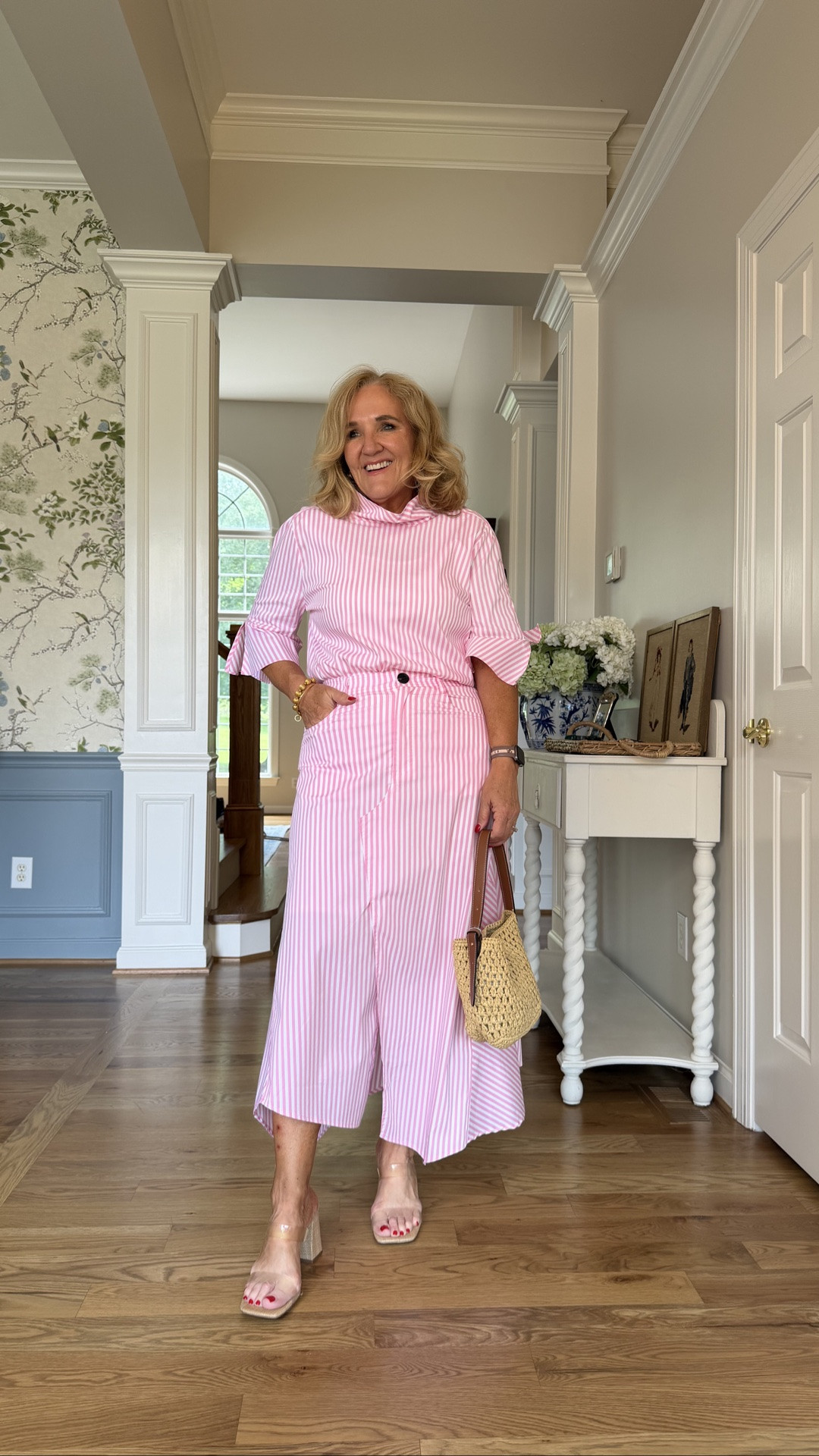 Eeek I love this! Wearing a medium. Fabric is cotton and spandex. So unique. I love it. 

Pink stripe set skirt blouse vacation outfit baby shower

#LTKOver40 #LTKootd #LTKPetite