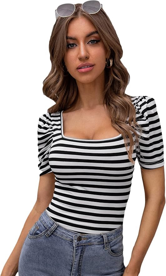 WDIRARA Women's Puff Sleeve Square Neck Short Sleeve Elegant Tee Top | Amazon (US)