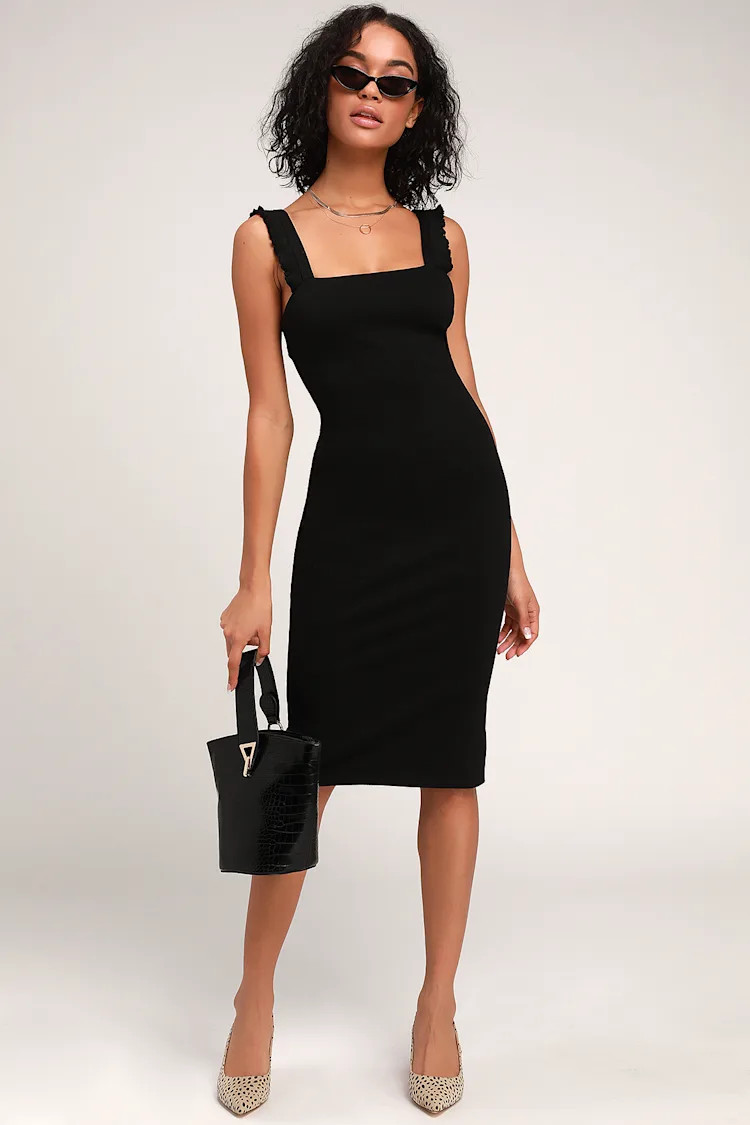Persuasion Black Ruffled Bodycon Midi Dress | Lulus (US)