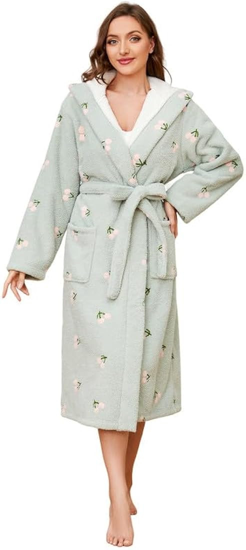 Womens Hooded Plush Robes, Soft Cute Warm Fleece Bathrobe for Women Long Embroidered Ladies Loung... | Amazon (US)