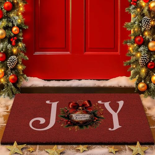 Lanpn Christmas Welcome Natural Coir Door Mat, Christmas Ball Large Coco Front Door Outdoor Doormat Outside Entrance Porch Non Slip Rubber Rug Winter Xmas Farmhouse Decor (Red, 36x24 inch) | Amazon (US)