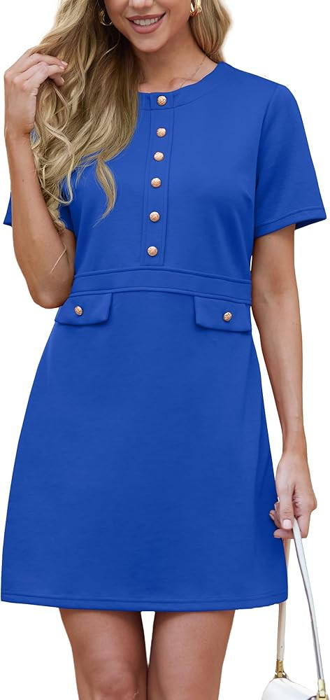 GRECERELLE Women's Summer Short Sleeve Button Crew Neck Elegant Business Work Bodycon Mini Short ... | Amazon (US)