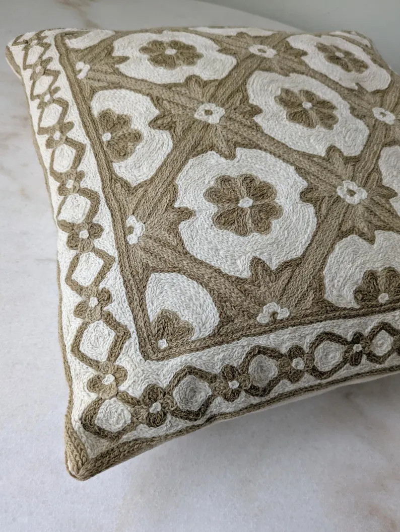 Vintage Ivory & Ecru Embroidered Accent Pillow | Etsy (US)