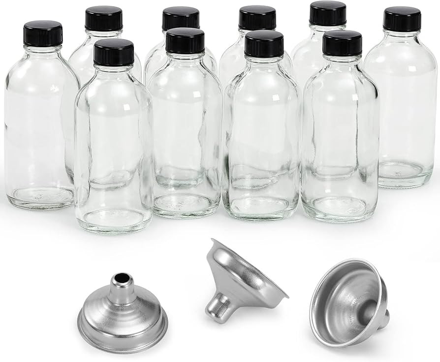 10 Pack, 4 oz Small Clear Glass Bottles w/Lids & 3 Stainless Steel Funnel - 120ml Boston Round Sa... | Amazon (US)