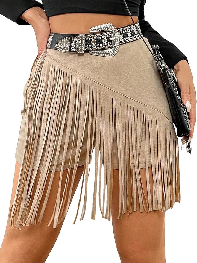 SweatyRocks Women's Fringe High Waist Skort Zipper Back Faux Suede Skirt Shorts | Amazon (US)