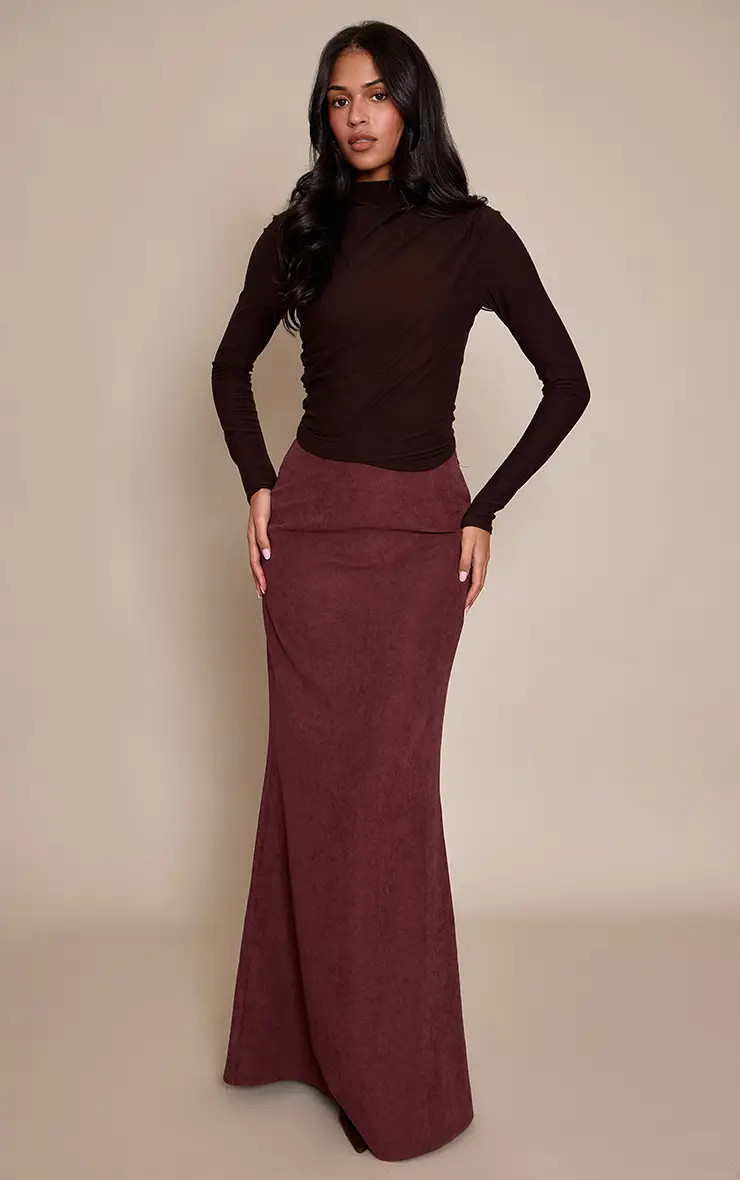 PrettyLittleThing Tall Deep Burgundy Peachskin Fishtale Maxi Skirt | Boohoo USA | boohoo (US & Canada)