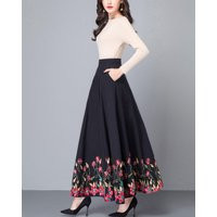 Embroidered Maxi Skirt High Waist Cotton Blend A-Line Skirt | Etsy (US)