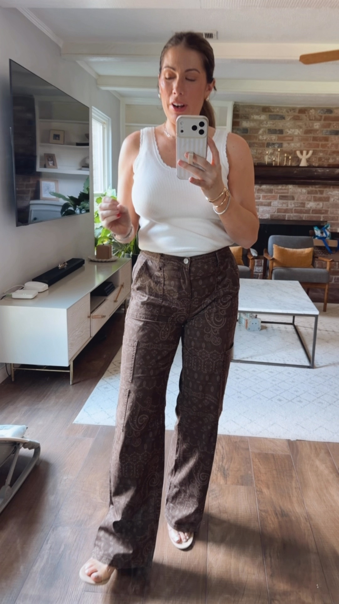 Brown bandana pants from @Walmart wearing size small in long; I’m 5’6”.  Have to wear with heels or they’d be too long.

#LTKootd #LTKOver40 #LTKgrwm
