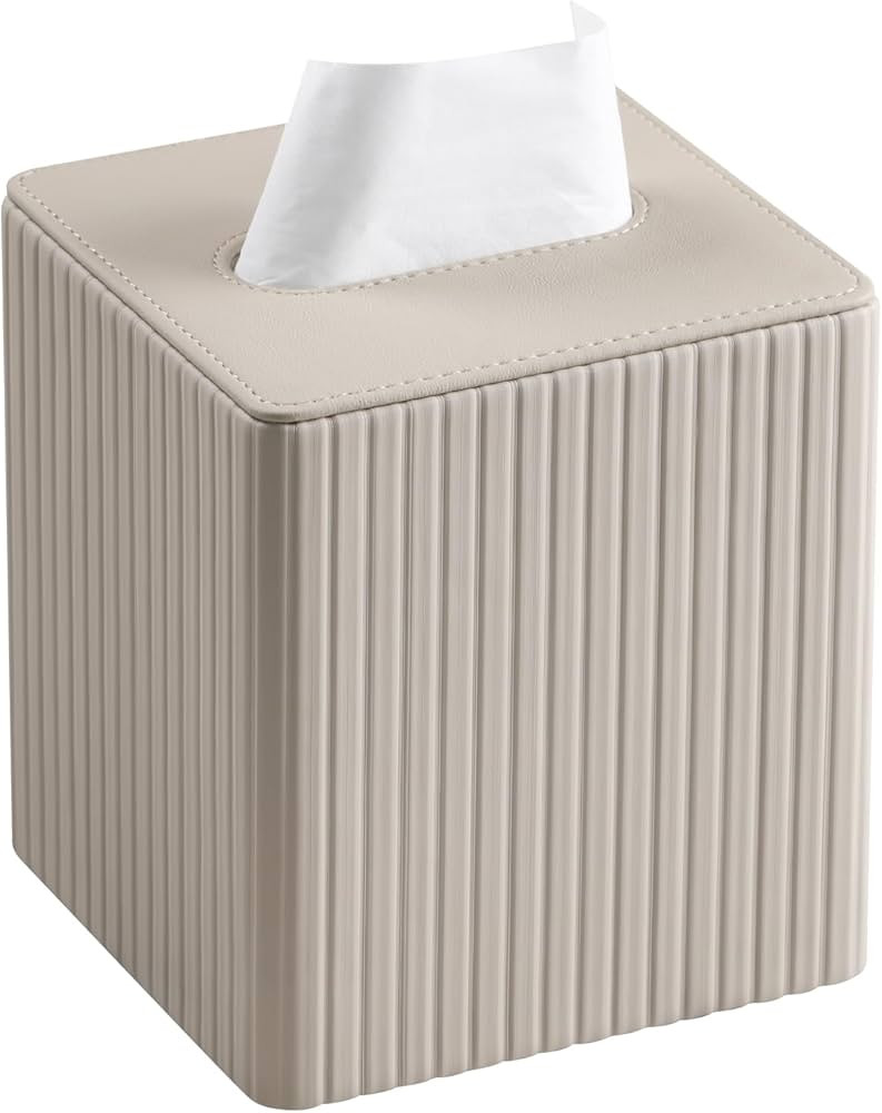 PU Leather Tissue Box Cover Square Tissue Box Holder with Magnetic Closure (Beige Stripe) | Amazon (US)