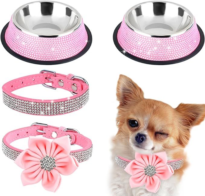4 Pcs Pink Rhinestone Pet Bowls and Small Puppy Collar Set for Cat and Dog Bling Rhinestones Stai... | Amazon (US)