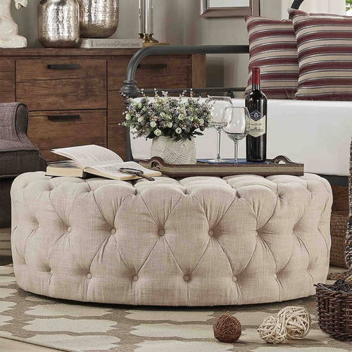 Weston Home 42" Round Tufted Cocktail Ottoman, Beige Linen | Walmart (US)