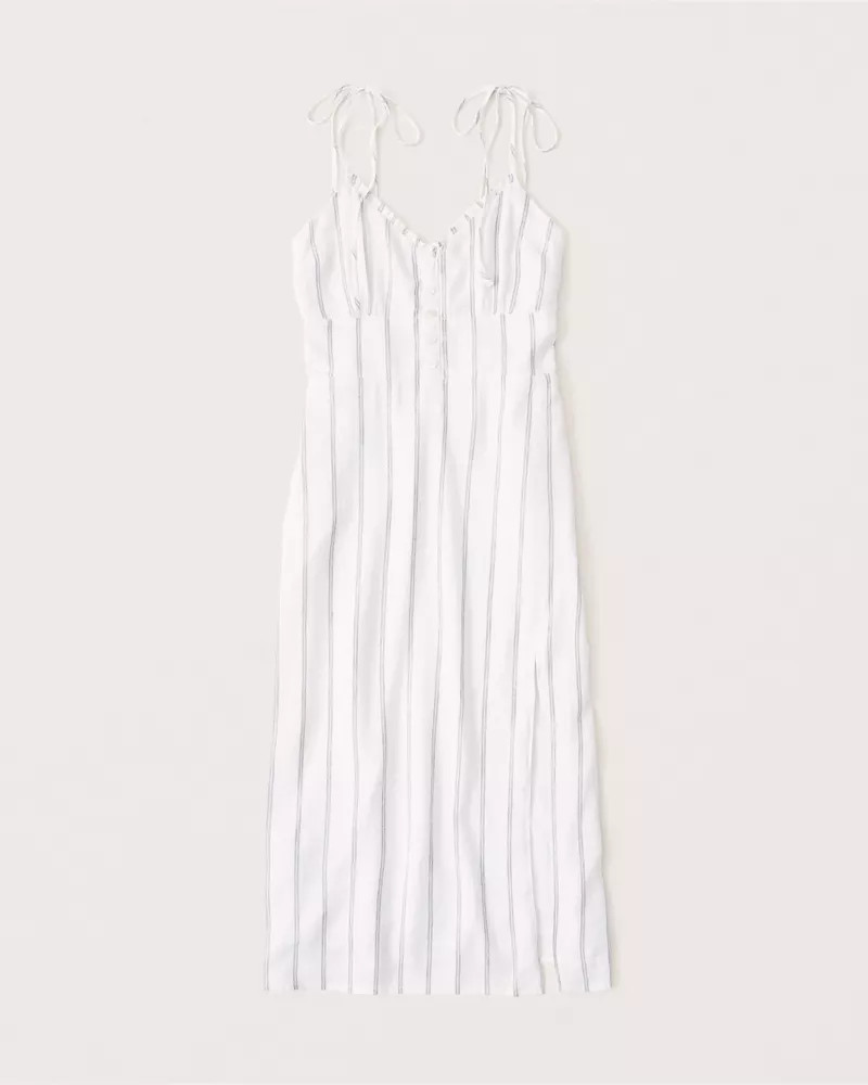 Linen-Blend Tie-Strap Dress | Abercrombie & Fitch (US)