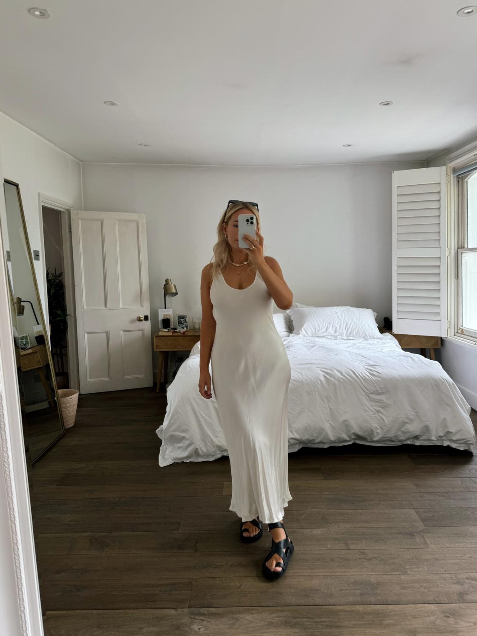 Ghost white satin midi dress, sold out in white but available in other colours 🤍 
Summer outfit, classic outfit, black sandals, missoma pearl necklace 

#LTKsummer #LTKstyletip #LTKuk