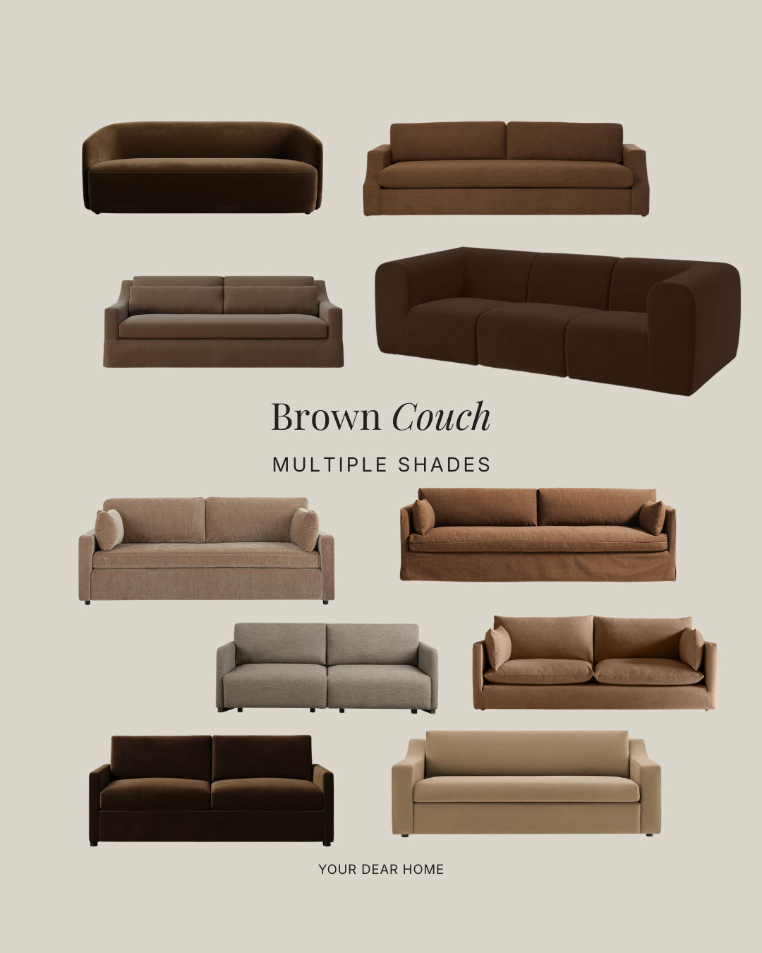 A brown sofa is a commitment, but a beautiful one. Soft brown or taupe-leaning browns feel cozy, elevated, and far less stark than black or grey.
The key is choosing the right undertone and pairing it with lighter walls and layered neutrals. 

 #LTKHome