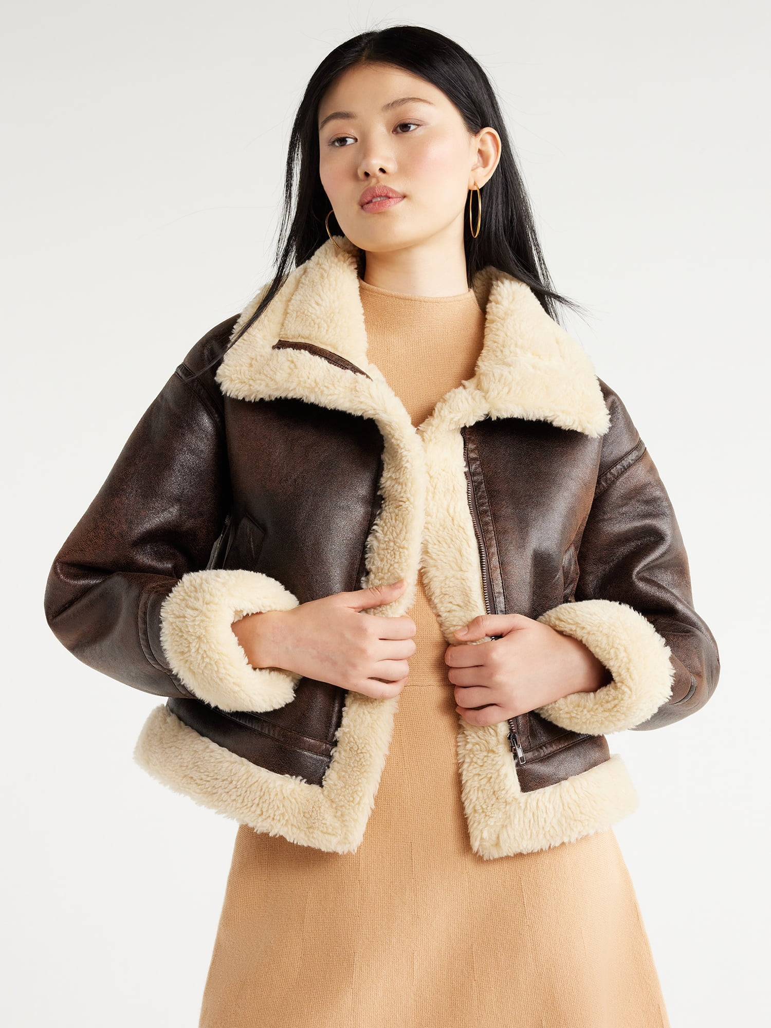 Scoop Women's Faux Suede Cropped Bomber Jacket with Faux Sherpa Lining, Sizes XS-XXL | Walmart (US)