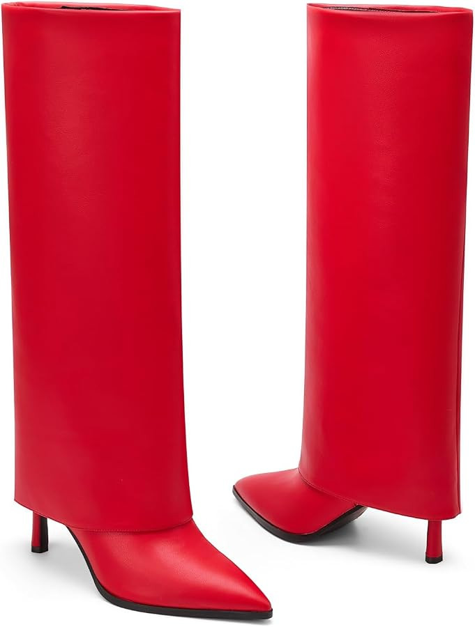 Women's Pointed Toe Fold Over Knee High Boots Stiletto Heel Fashion Dressy High Heels Long Boots ... | Amazon (US)