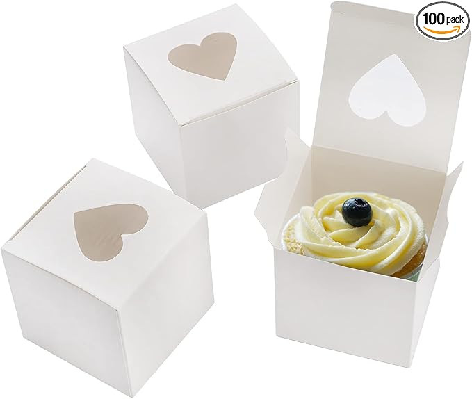 Suwimut 100 Pack White Individual Cupcake Containers with Heart Shaped Window, 3 Inch Small Singl... | Amazon (US)