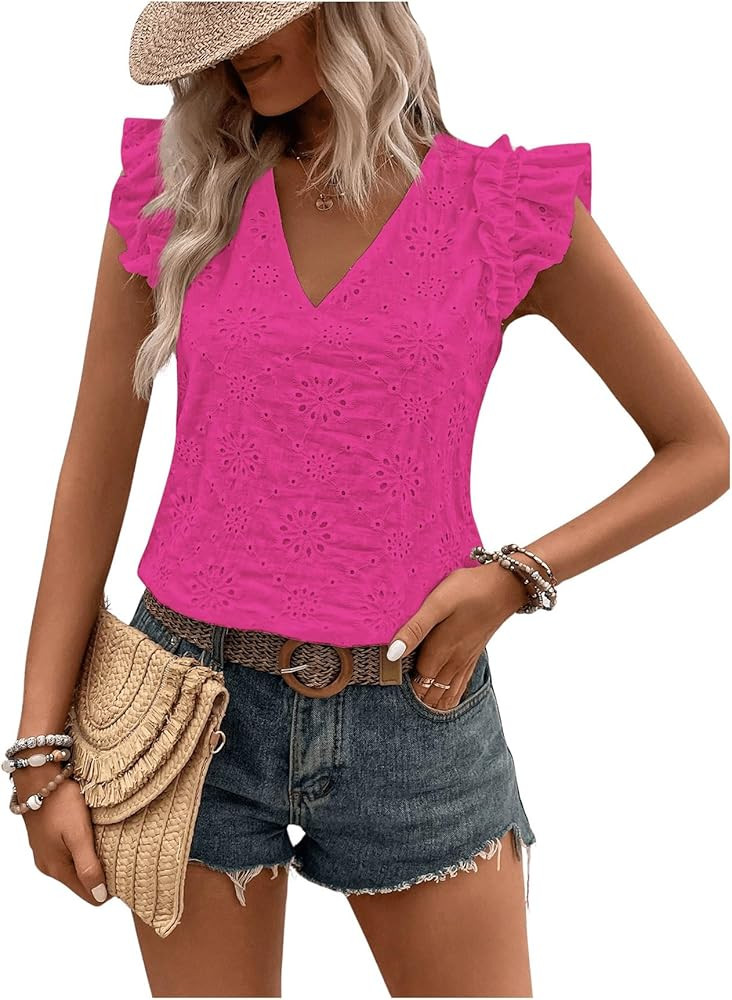 BEAUDRM Women's Casual Eyelet Embroidery Cap Sleeve V Neck Ruffle Trim Regular Fit Blouse Shirts ... | Amazon (US)