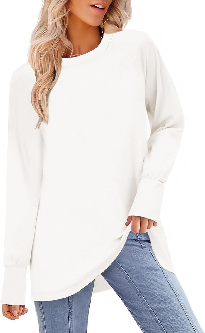 Women Long Sleeve Shirts 2025 Fall Casual Loose t-Shirts Crew Neck Round Hem Tunic Tops with Thum... | Amazon (US)