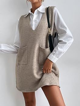 Women's V Neck Sleeveless Knitted Solid Short Sweater Dress with Pockets | Amazon (US)