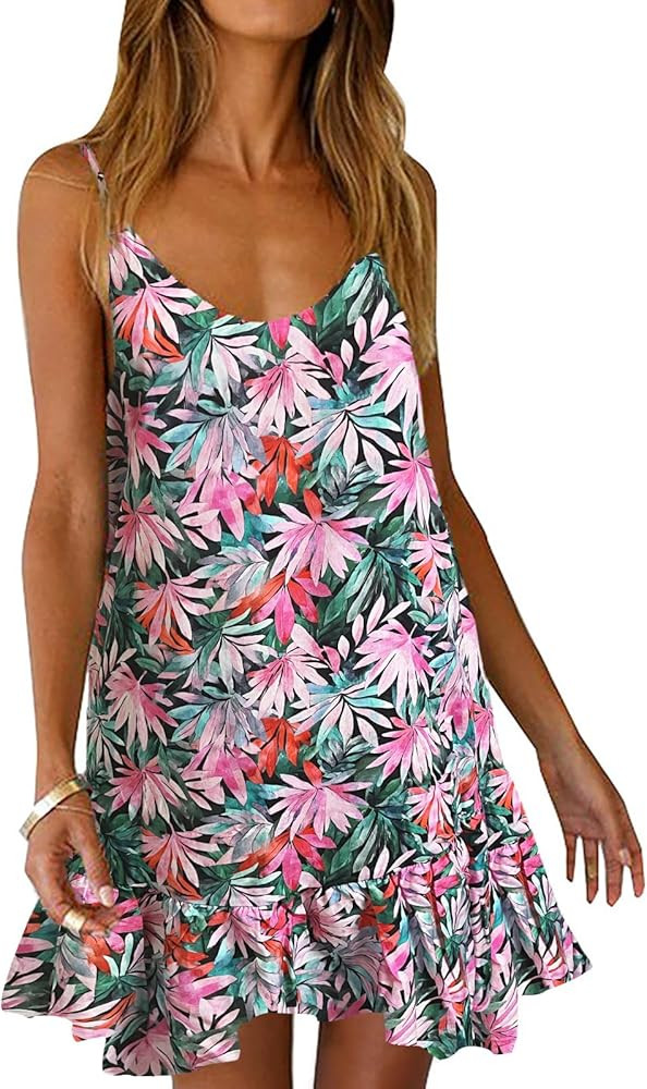 Qearal Womens Sundresses Boho Floral Printed Dress Summer Sleeveless Beach Mini Dress with Pocket... | Amazon (US)