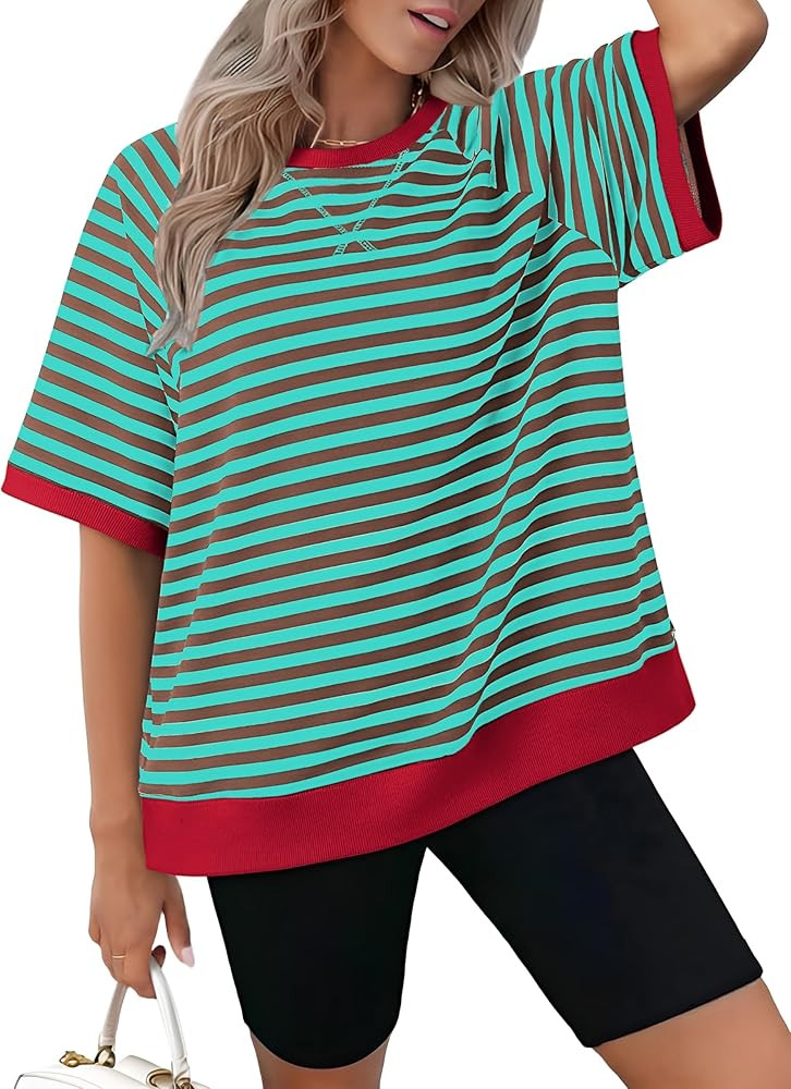 Zeagoo Women Striped T Shirts Oversized Crewneck Short Sleeve Tops Summer Casual Blouse Color Blo... | Amazon (US)