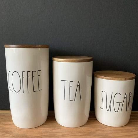 Rae Dunn "COFFEE & TEA & SUGAR" Cellar SET OF 3 - with wood lid -ceramic - dishwasher safe! - ver... | Amazon (US)