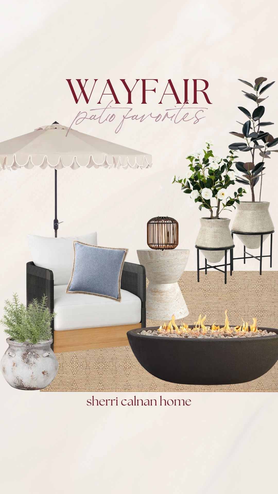 Wayfair patio favorites featuring scalloped outdoor umbrellas, woven outdoor rugs, fire pit table, outdoor accent chairs, and potted greenery for a cozy outdoor setup. These pieces create the perfect patio space for relaxing evenings and spring entertaining.

Wayfair patio furniture, outdoor patio decor, scalloped patio umbrella, outdoor fire pit table, woven outdoor rug, patio accent chairs, outdoor plant planters, backyard patio styling, outdoor entertaining space, sherricalnanhome

#LTKHome